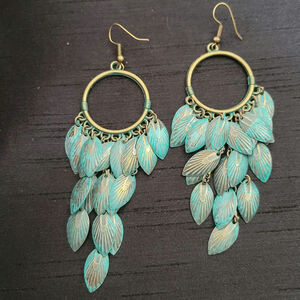 Earthy verdigris patina leaf shaped bronze tone chandelier earrings